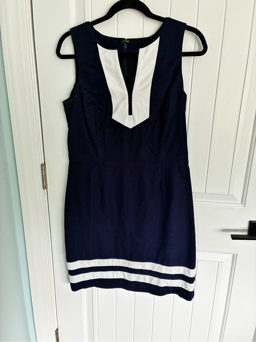 Navy and White Sleeveless V-Notch Dress